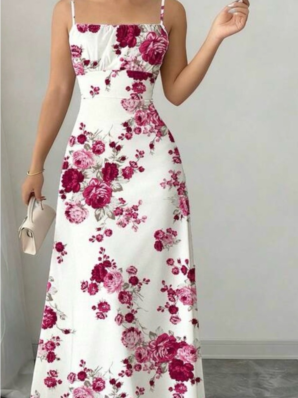 Rose-Print Spaghetti-Strap Maxi Dress in White and Rose